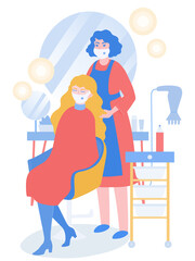 New normal. COVID-19 prevention in beauty salons. Hairdresser cuts client wearing masks during coronavirus pandemic. Maintain service during epidemic