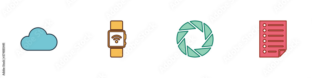 Poster set cloud, smartwatch with wireless, camera shutter and document icon. vector.