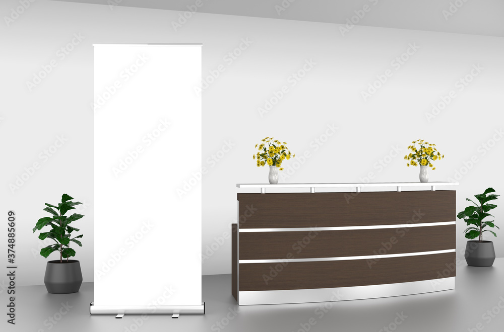 Wall mural roll up banner stand mockup in the reception. 3d rendering.
