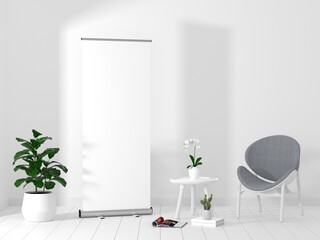 Roll Up Banner Stand Mockup in living room. 3D rendering.