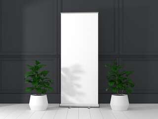 Roll Up Banner Stand Mockup in living room. 3D rendering.