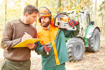 Forestry with checklist and lumberjack with chainsaw