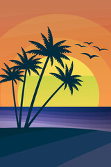 Beach orange sunset and palms illustration.