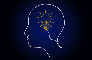 Neon light head idea with light bulb inside human head, creating new idea concept, vector illustration