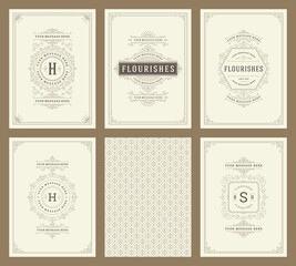 Vintage ornament greeting cards set vector templates. Flourishes ornamental frames and pattern background