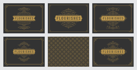 Vintage ornament greeting cards set templates flourish ornate frames and pattern background vector illustration