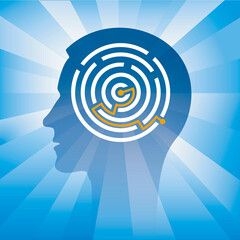 Man,Labyrinth, smart solution.
Male head stylized silhouette with solved round maze symbolizing intelligence. Vector available.