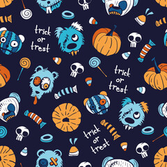 Vector candies, pumpkins, teddies seamless pattern halloween
