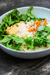 Salmon steak Sorrel sauce and rice