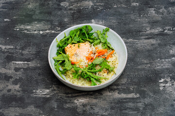 Salmon steak Sorrel sauce and rice