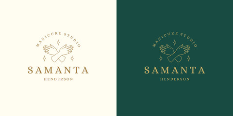 Vector line logos emblems design templates set - female gesture hand and nails illustrations simple minimal linear style