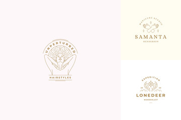 Vector line logos emblems design templates set - female face and gesture hands illustrations simple minimal linear style