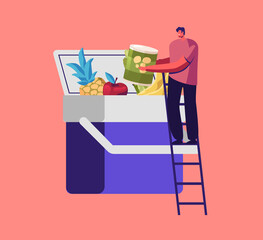 Tiny Male Character Stand on Ladder Put Products into Huge Car Fridge. Refrigerator for Transportation and Freezing Food