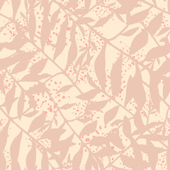Simple tropical seamless pattern with leaf branches. Pastel foliage silhouettes stylized artwork in pink tones.