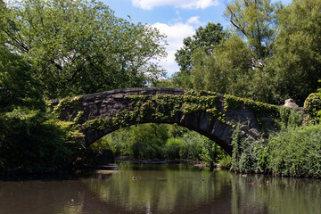 Fototapeta na wymiar Gapstow Bridge over the Pond at Central Park with Green Plants and Trees during Summer in New York City