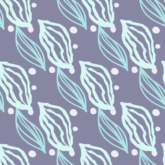 Pastel soft seamless pattern with hand drawn leaf silhouettes. Outline ornament in blue and turquoise colors on light purple background with dots.