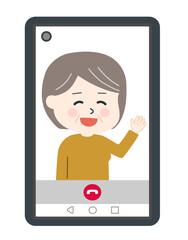 Middle-aged woman having video call on smartphone. Vector illustration isolated on white background.