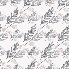 Simple isolated botanic bouquet seamless pattern. Branches and flowers forest print with blue contour. White background.