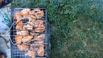 Chicken wings on barbecue grill with fire close up. Chicken meat on the grill