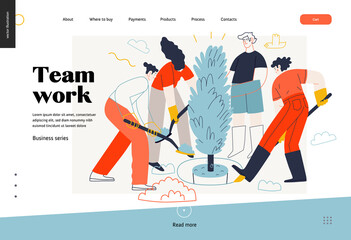 Business topics -teamwork, web template header. Flat style modern outlined vector concept illustration. Group of people working together with spades digging the ground planting tree. Business metaphor