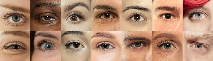 Set, collage of different types of male and female eyes. Concept of beauty, mental health,...