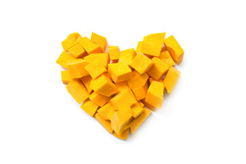 Heart shaped pumpkin slices on white background