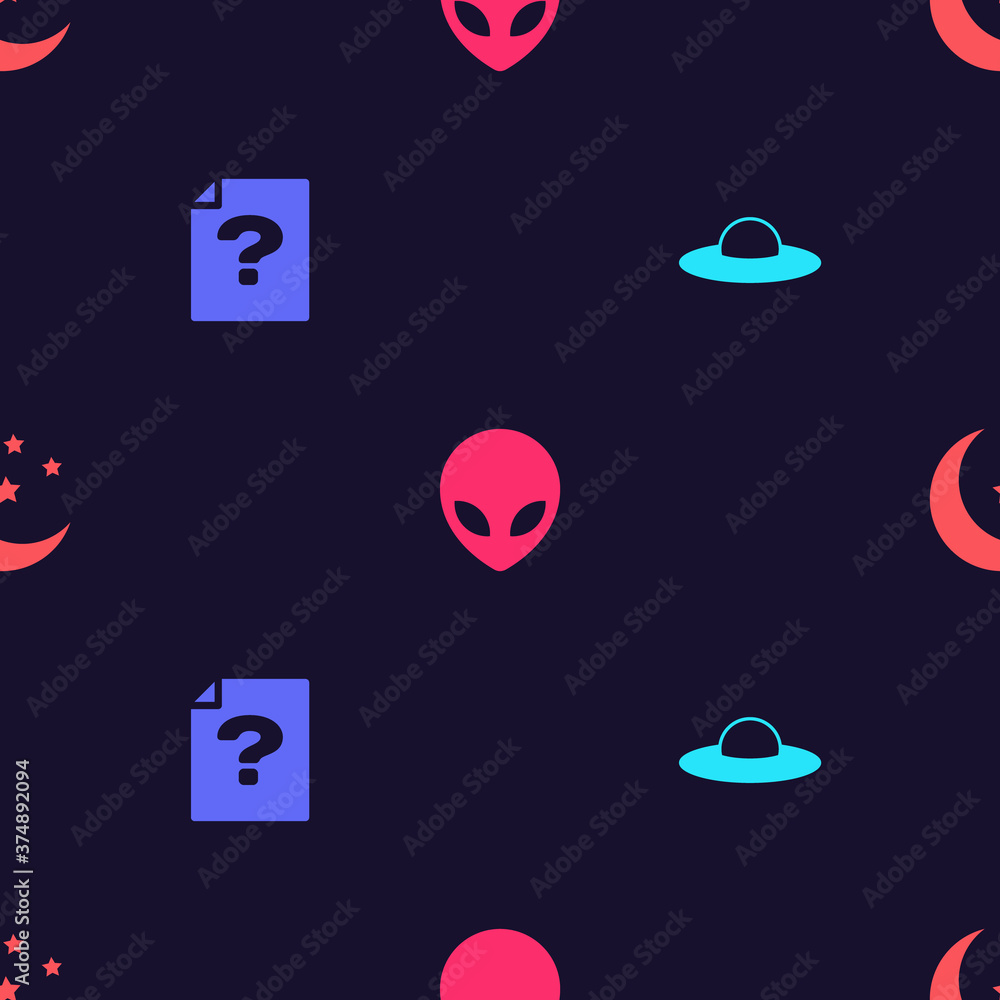 Poster set ufo flying spaceship, unknown document, alien and moon and stars on seamless pattern. vector.