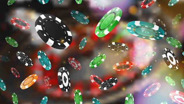 Blur background and poker chips falling. Glitter light effects. Poker game theme.illustration.