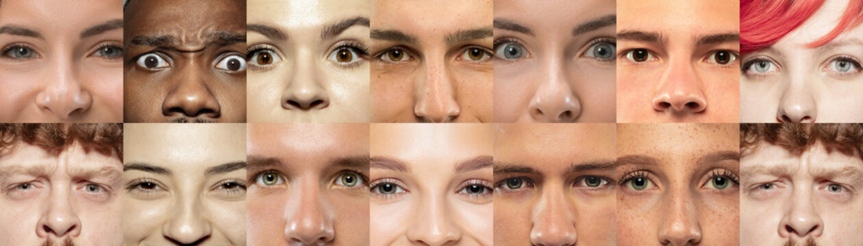 Set, collage of different types of male and female eyes. Concept of beauty, mental health, ophtalmology, cosmetology, cosmetics. Beautiful close up eyes of 12 with different colors and emotions.