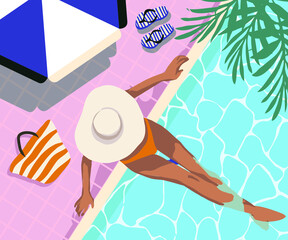  Concept Of Summer Vacations. woman in a hat by the pool. Toys For Active Spend Time And Summer Vacations In The Pool. Cartoon Flat Vector Illustration