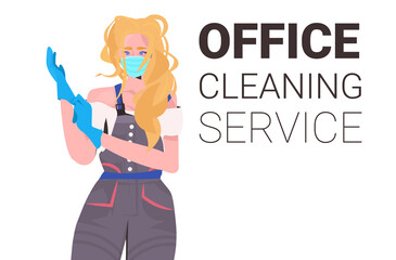 woman janitor professional office cleaner in medical mask wearing gloves coronavirus quarantine concept copy space horizontal portrait vector illustration