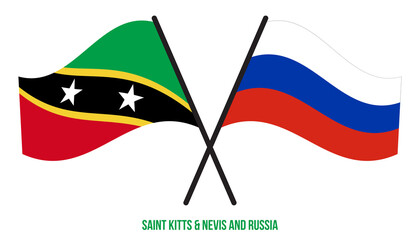 Saint Kitts & Nevis and Russia Flags Crossed And Waving Flat Style. Official Proportion.