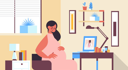 doctor on laptop screen consulting pregnant patient online gynecology consultation healthcare service medicine concept living room interior horizontal portrait vector illustration
