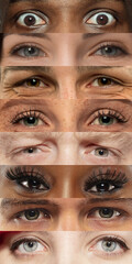 Set, collage of different types of male and female eyes. Concept of beauty, mental health, ophtalmology, cosmetology, cosmetics. Beautiful close up eyes of 8 people with different colors and emotions.
