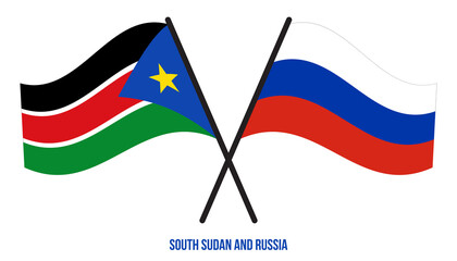South Sudan and Russia Flags Crossed And Waving Flat Style. Official Proportion. Correct Colors.