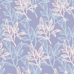 Spring seamless pattern with branches silhouettes. Light purple background wit pink and blue foliage.