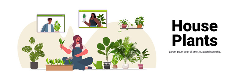 woman planting houseplants in pot housewife caring of her plants living room interior full length horizontal copy space vector illustration