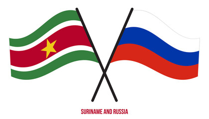 Suriname and Russia Flags Crossed And Waving Flat Style. Official Proportion. Correct Colors.