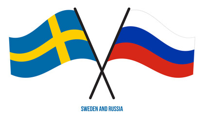 Sweden and Russia Flags Crossed And Waving Flat Style. Official Proportion. Correct Colors.