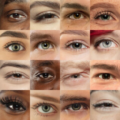 Set, collage of different types of male and female eyes. Concept of beauty, mental health, ophtalmology, cosmetology, cosmetics. Beautiful close up eyes of 16 people with different colors and emotions