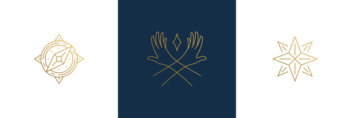 Vector line feminine decoration design elements set - star and female gesture hands illustrations minimal linear style