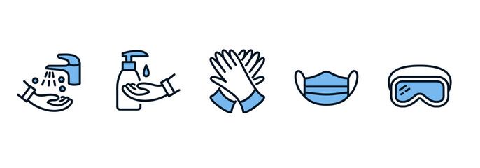 Individual protective equipment line icon sen blue color. Sanitizer, hand hygiene, gloves, goggles, medical mask © Mariia Lov