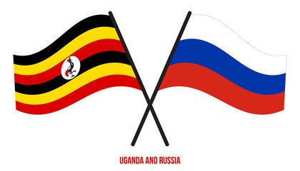 Uganda and Russia Flags Crossed And Waving Flat Style. Official Proportion. Correct Colors.