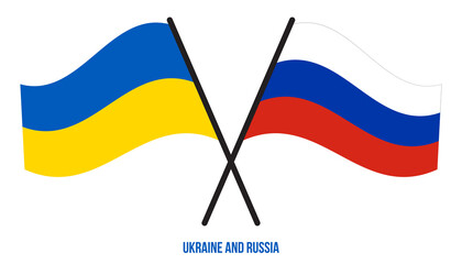 Ukraine and Russia Flags Crossed And Waving Flat Style. Official Proportion. Correct Colors.