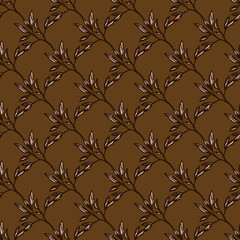 Autumn dark branch ornament seamless pattern. Hand drawm foliage print in brown palette.