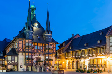 Market square and Town Hall at twilight, Wernigerode, Harz, Saxony-Anhalt, Germany