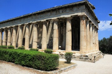 The Temple of Hephaestus or Hephaisteion at the Ancient Agora archaeological site in Athens, Greece, July 27 2020.