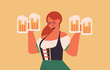 girl waitress holding beer mugs Oktoberfest party celebration concept woman in german traditional clothes having fun portrait horizontal vector illustration