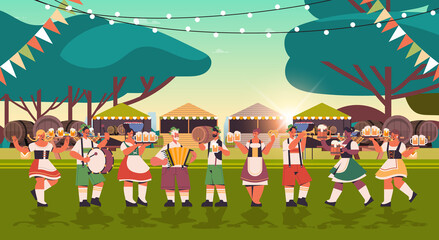 mix race people in face masks drinking beer and having fun Oktoberfest festival celebration concept landscape background full length horizontal vector illustration