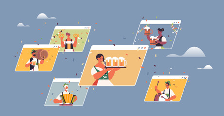 people in traditional clothes celebrating Oktoberfest festival mix race friends in web browser windows having virtual meeting during video call portrait horizontal vector illustration